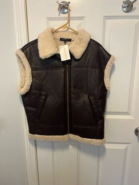 Faux Leather Shearling-Lined Vest in Dark Brown & Cream